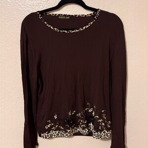 Brown Leopard Accent Long Sleeve Top